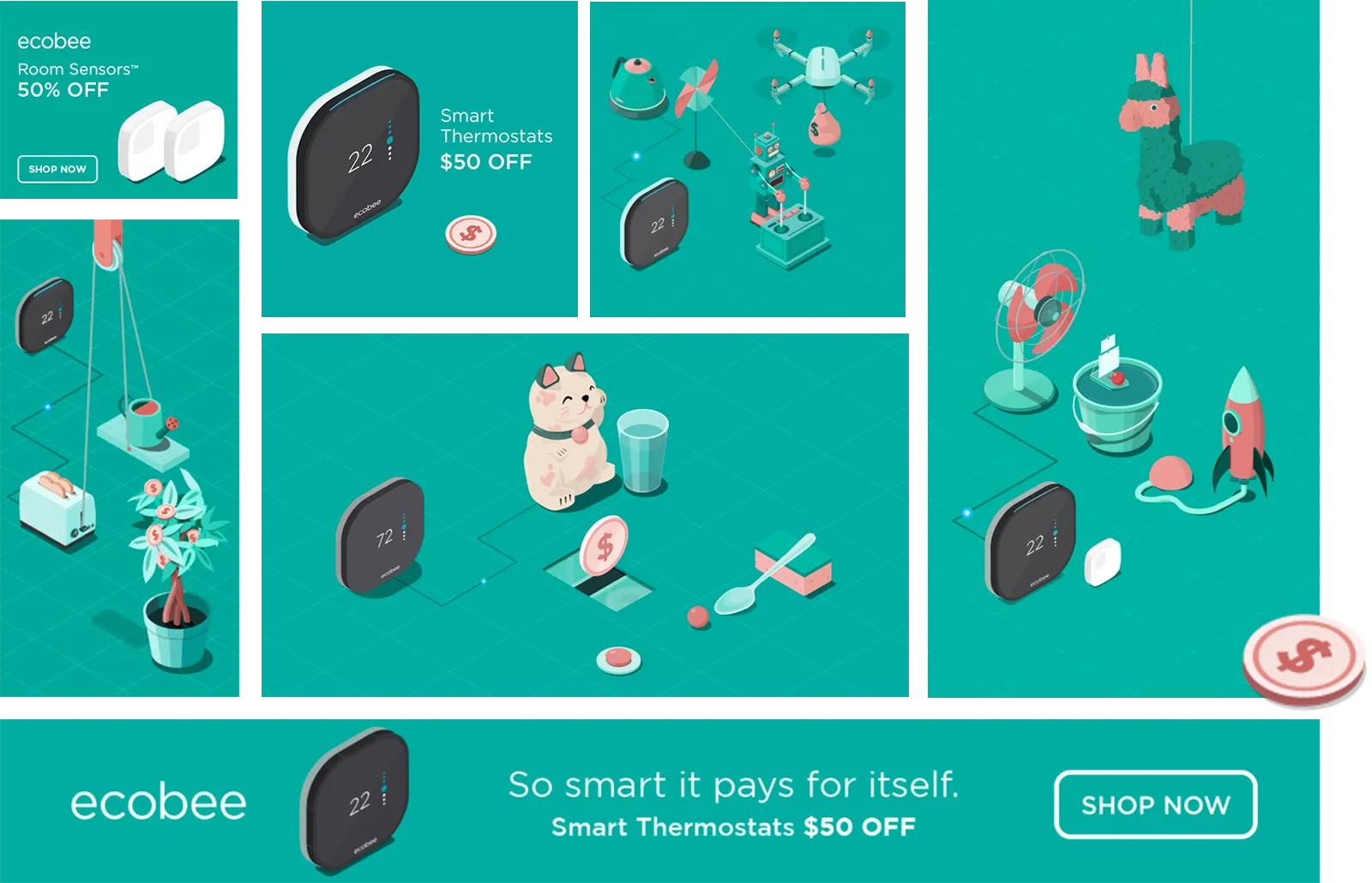 A collage of advertisements for ecobee smart thermostats, featuring arrangements of household appliances and novelty items